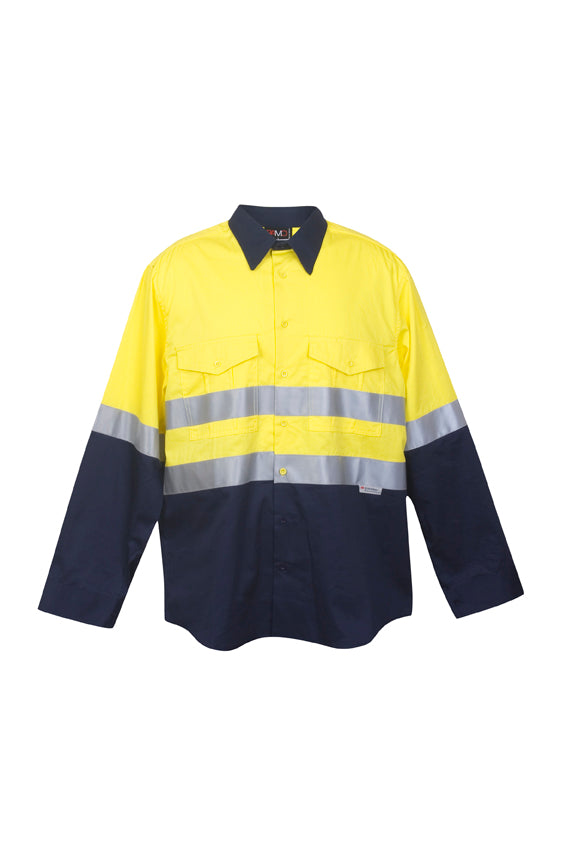 100% Combed Cotton Drill Long Sleeve Shirt - 3M in Orange/Navy