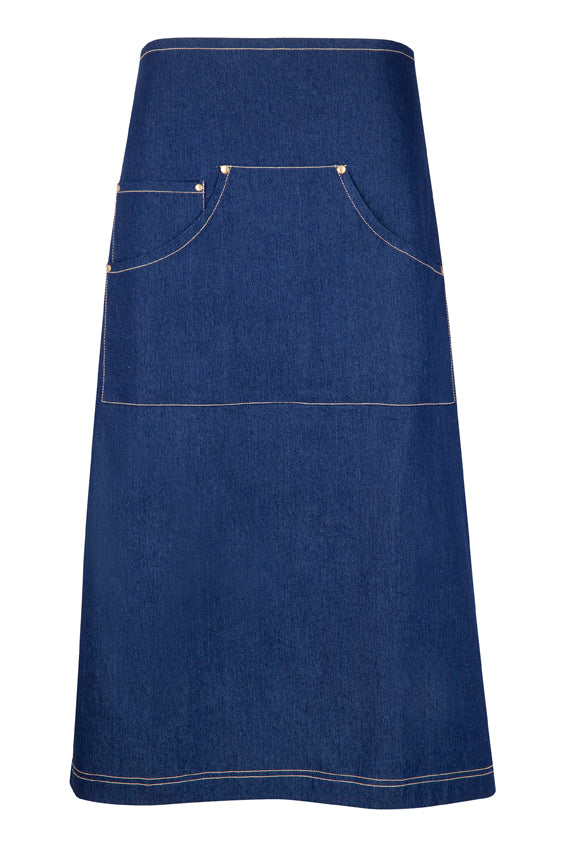 Long Waist Cotton/Denim Apron - Navy Blue front