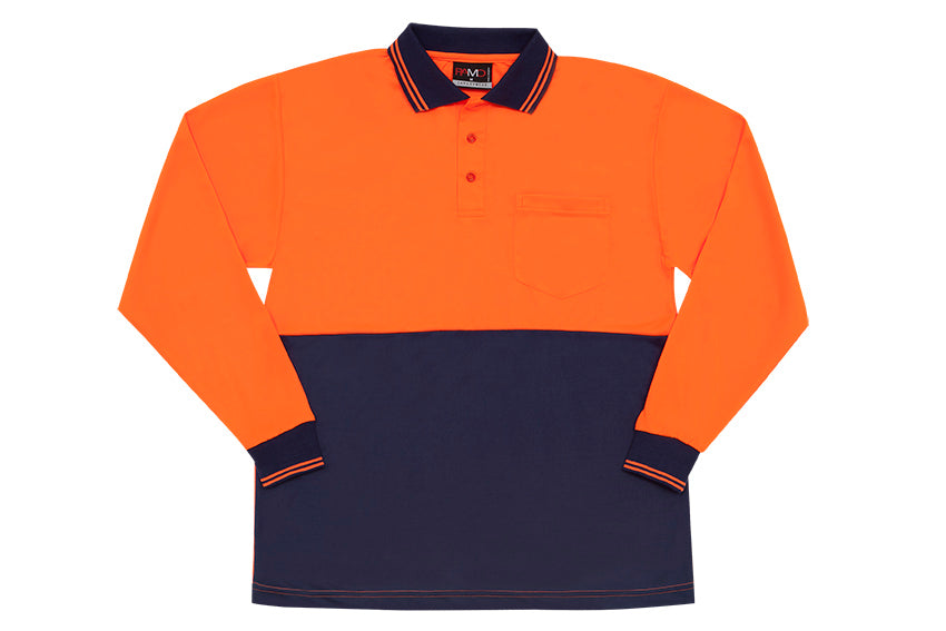 Hi Vis Long Sleeve Polo in Orange/Navy