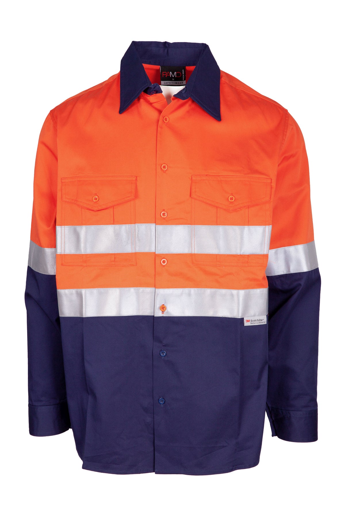 100% Combed Cotton Drill Long Sleeve Shirt - 3M in Orange/Navy