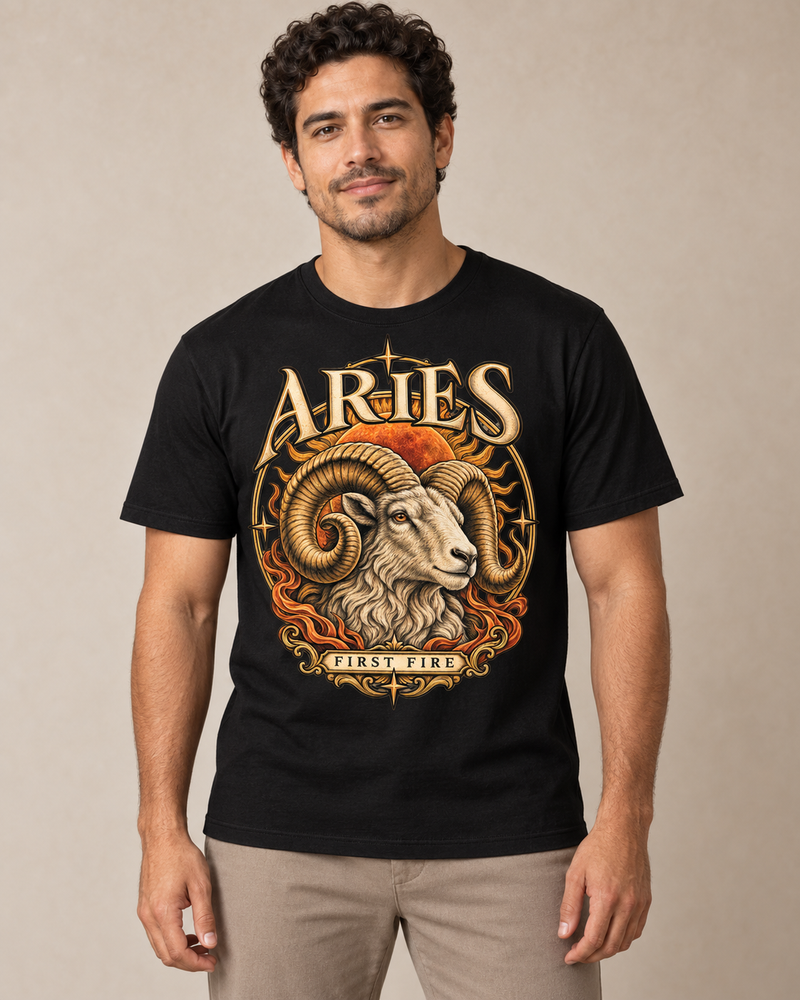 Aries — First Fire graphic on a Black regular-fit cotton crewneck T-shirt, worn by a model