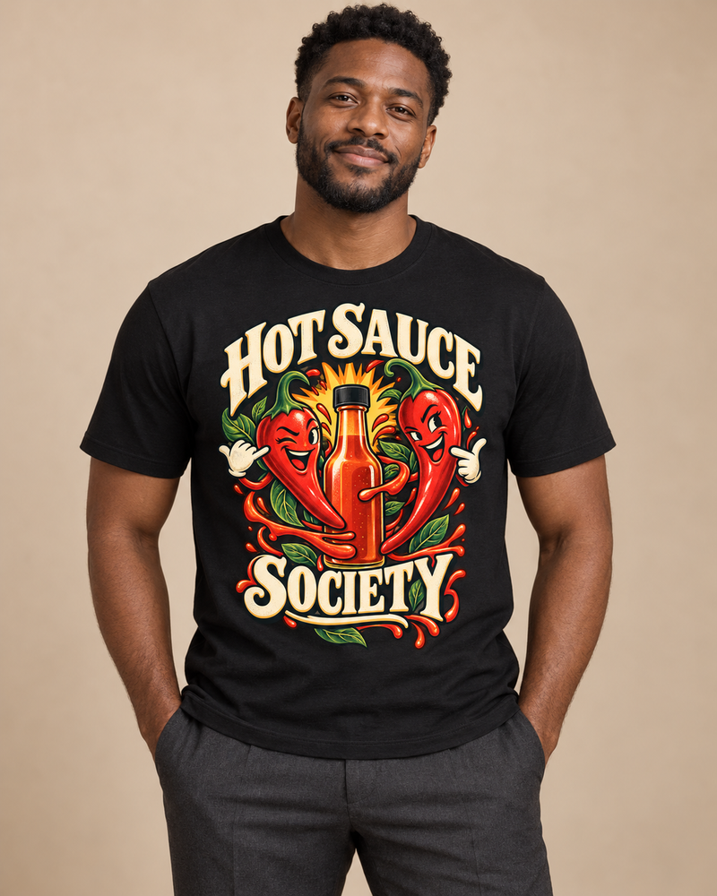Hot Sauce Society graphic T-shirt on model in Black