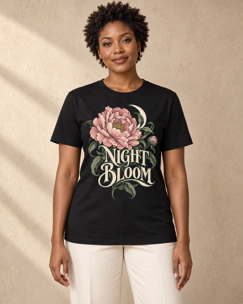 Night Bloom graphic on a Black regular-fit T-shirt, model front view