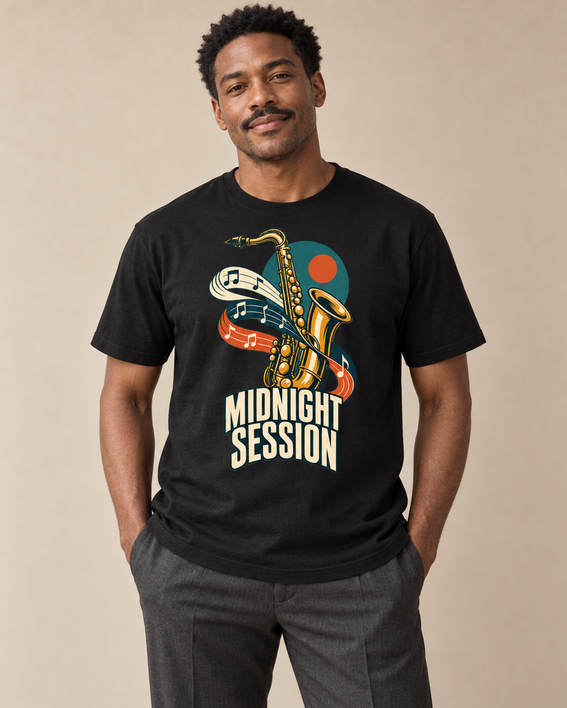 Adult model wearing a black regular fit crew neck T-shirt with the Midnight Session graphic.