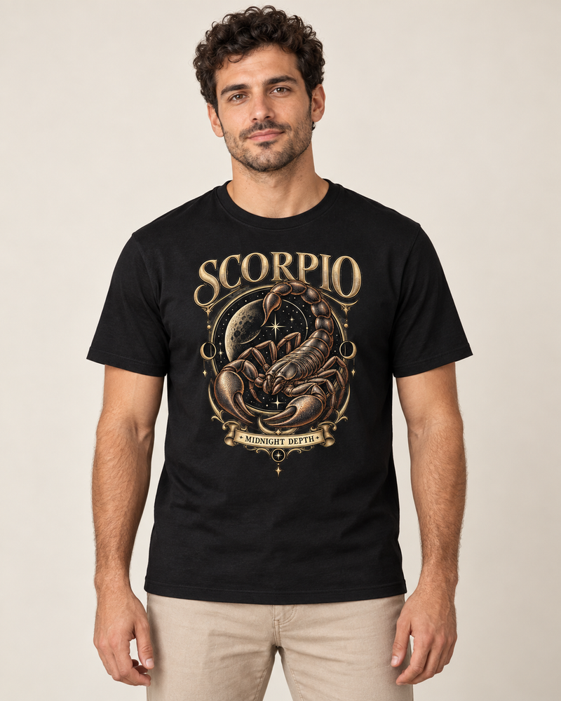 Scorpio — Midnight Depth graphic on a Black regular-fit T-shirt worn by an adult model