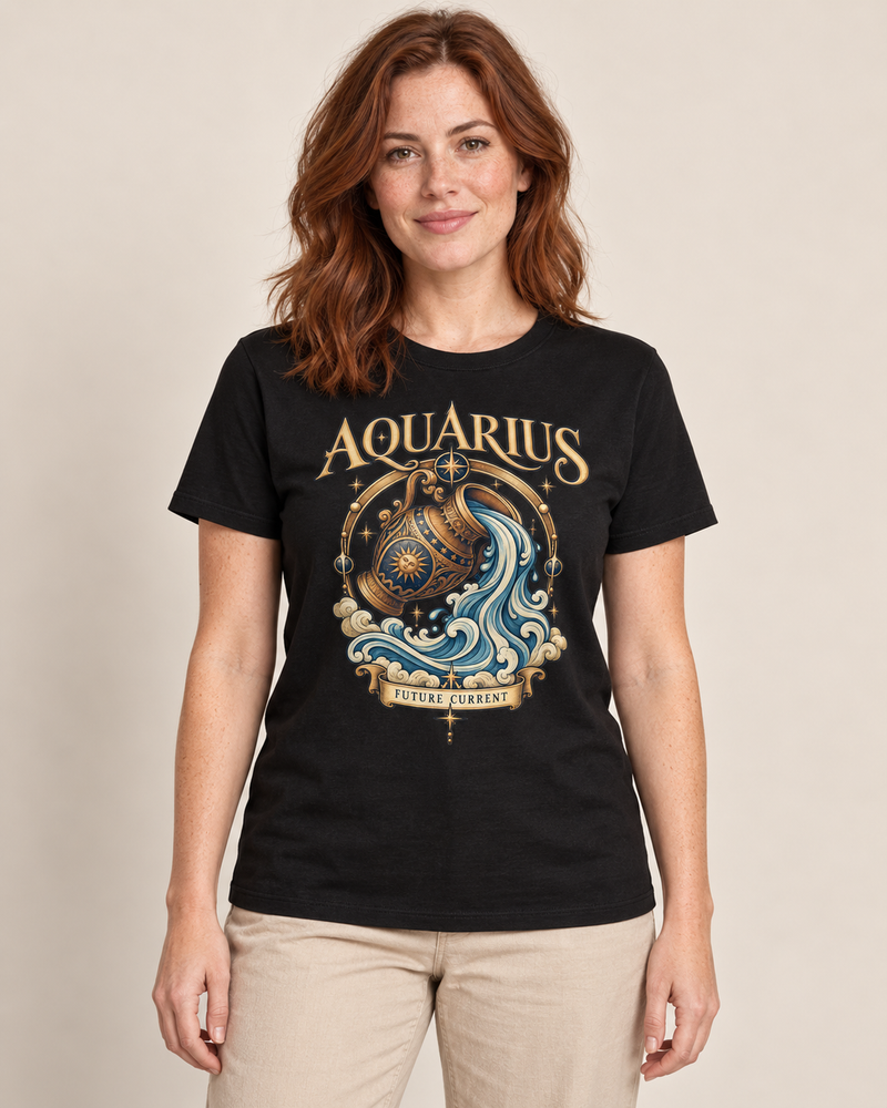 Aquarius — Future Current graphic on a Black regular-fit T-shirt worn by an adult model