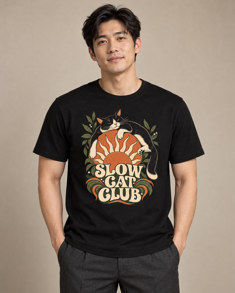 Adult model wearing Slow Cat Club on a black regular-fit cotton crewneck T-shirt