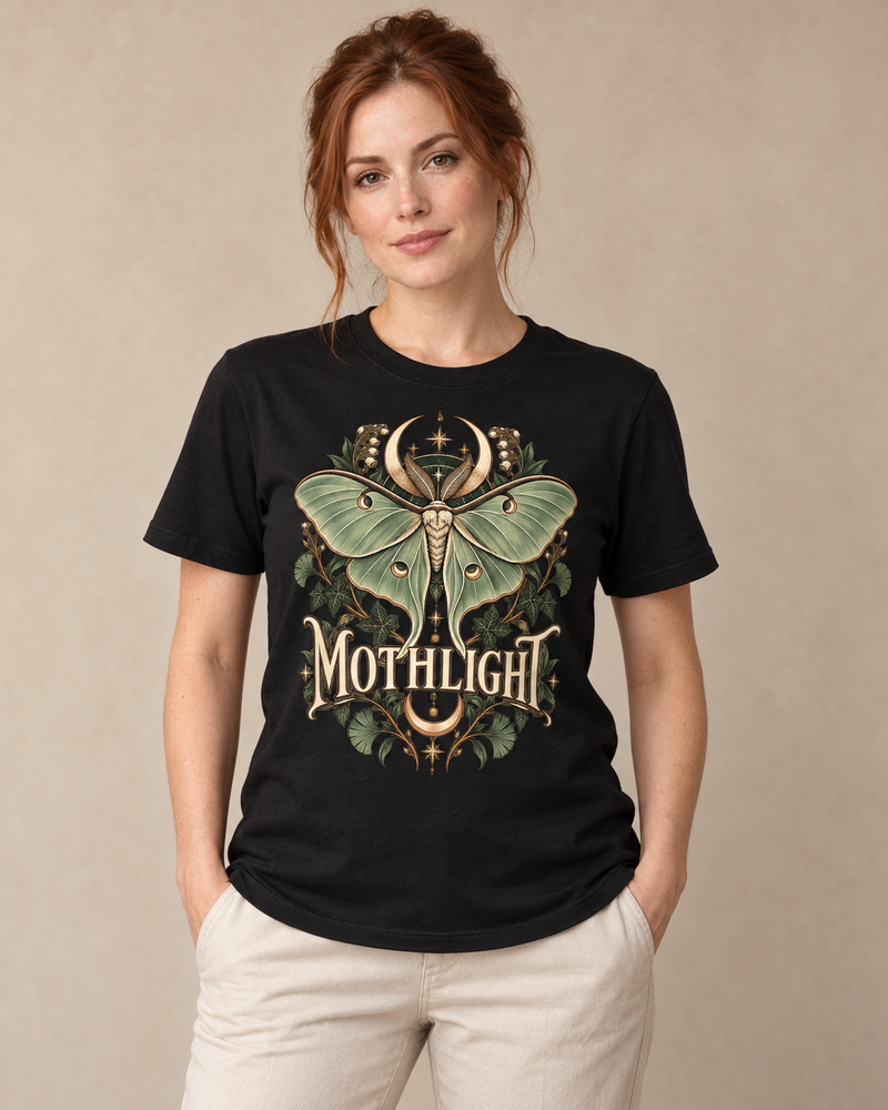 Adult model wearing Mothlight on a black regular-fit cotton crewneck T-shirt