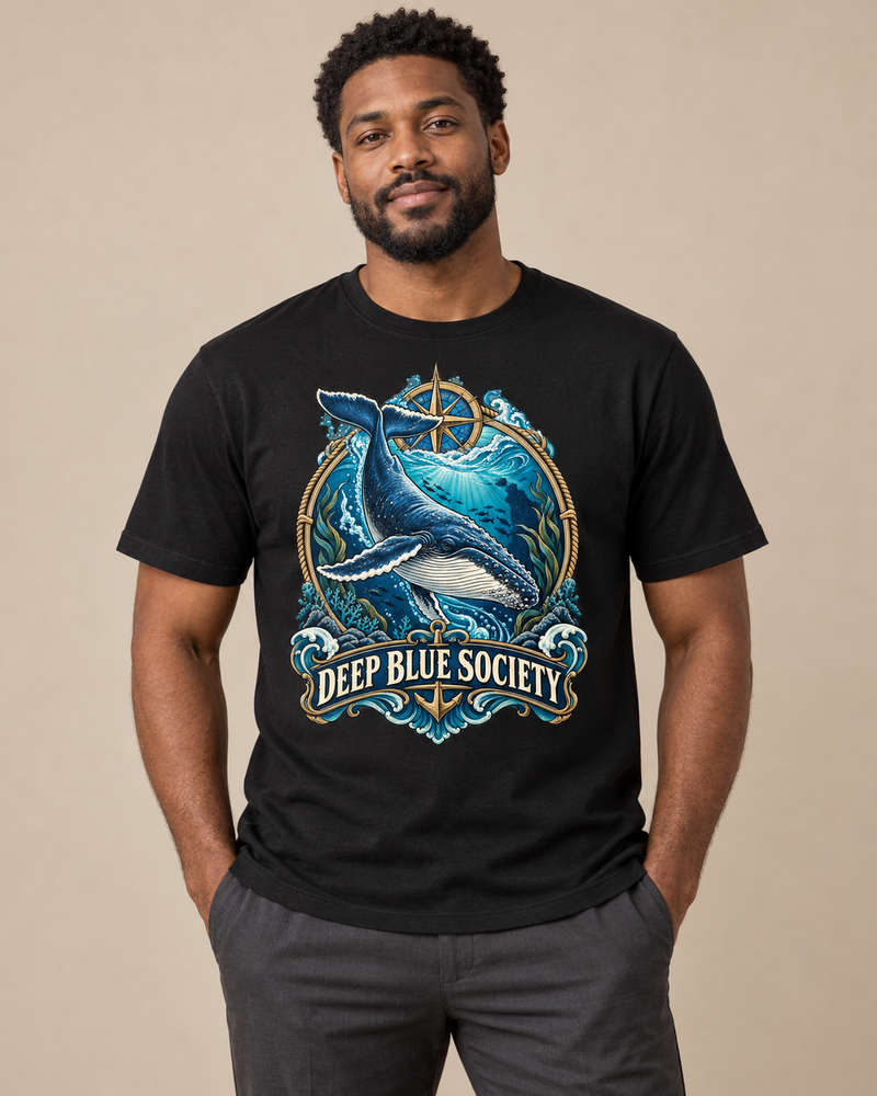 Adult model wearing Deep Blue Society on a black regular-fit cotton crewneck T-shirt