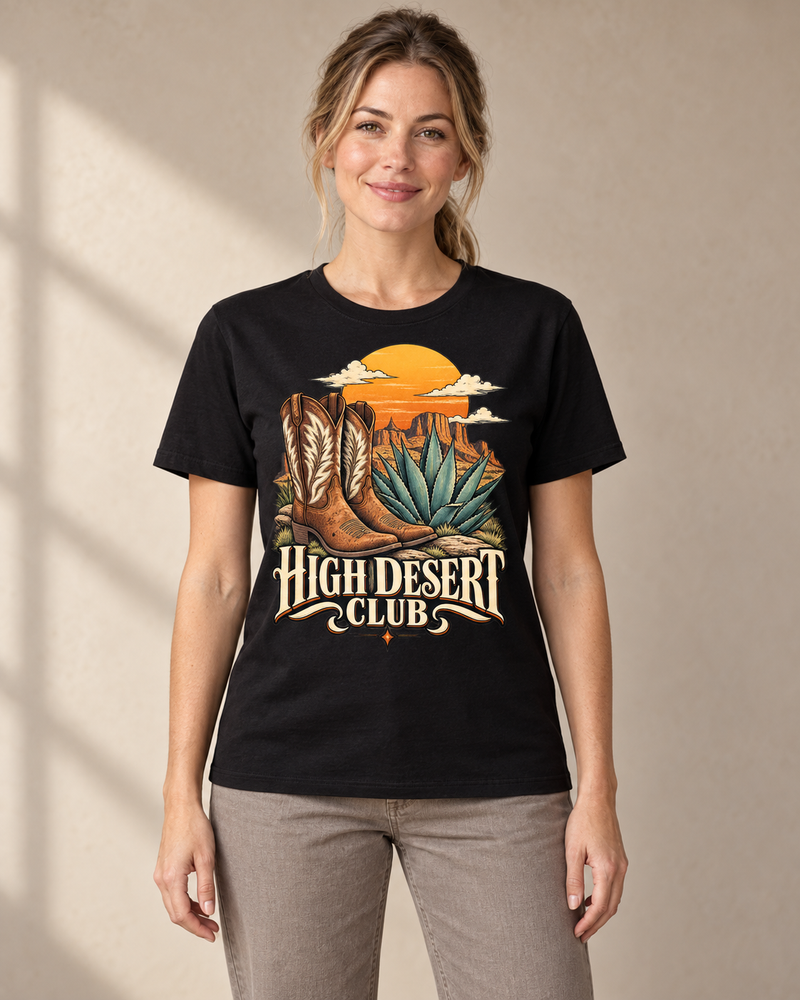 High Desert Club on a black regular-fit cotton crew neck tee