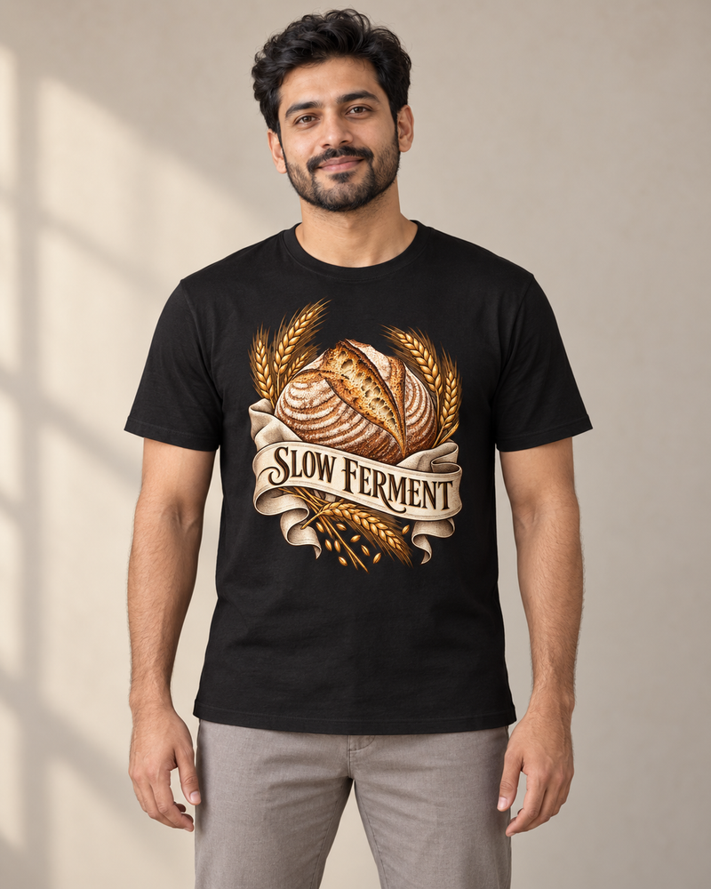 Slow Ferment on a black regular-fit cotton crew neck tee