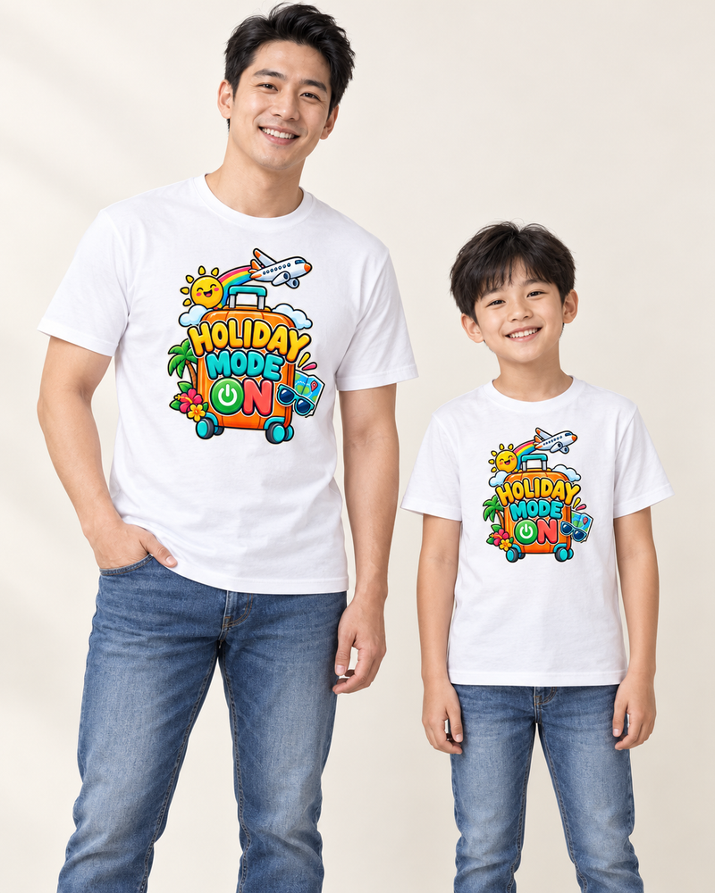 Holiday Mode matching parent and child graphic T-shirts in White