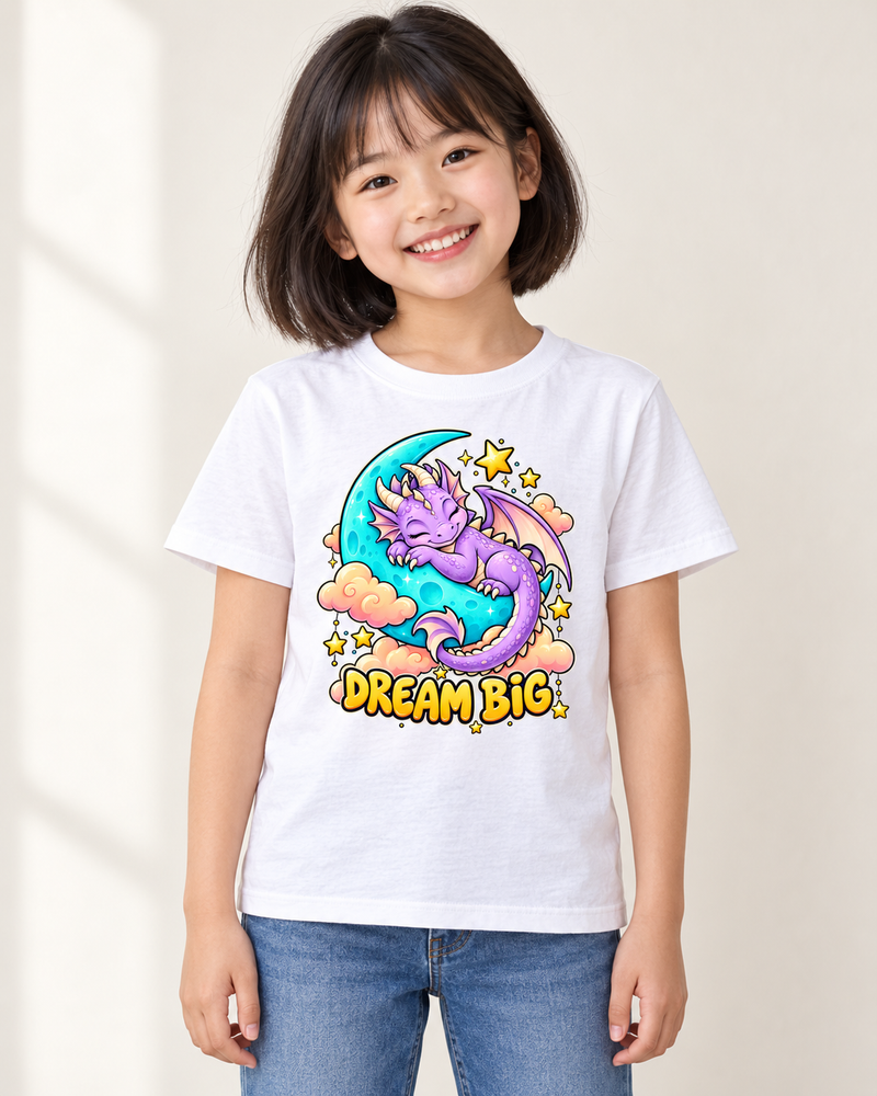 Dragon Daydream kids cotton T-shirt in White, child model preview