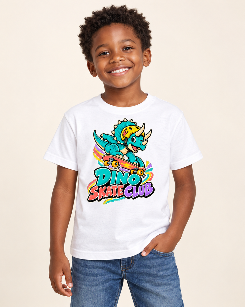 Dino Skate Club kids T-shirt White model preview — DINO SKATE CLUB