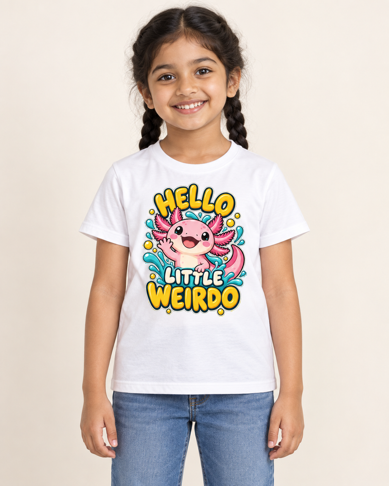 Axolotl Hello kids T-shirt White model preview — HELLO LITTLE WEIRDO