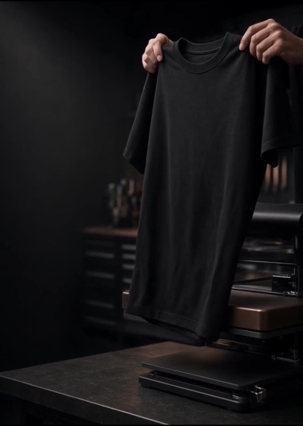 Black T-shirt being presented in a studio