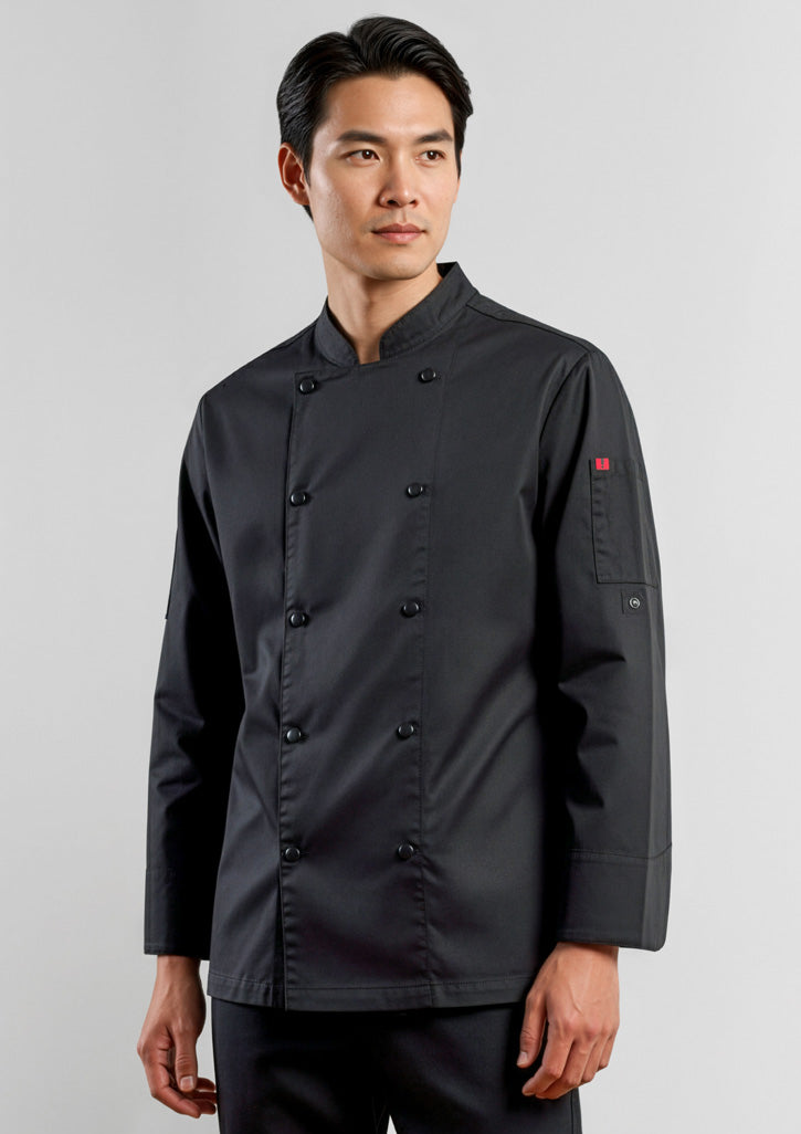 Biz Collection Gusto chef jacket in black worn by a chefwear model