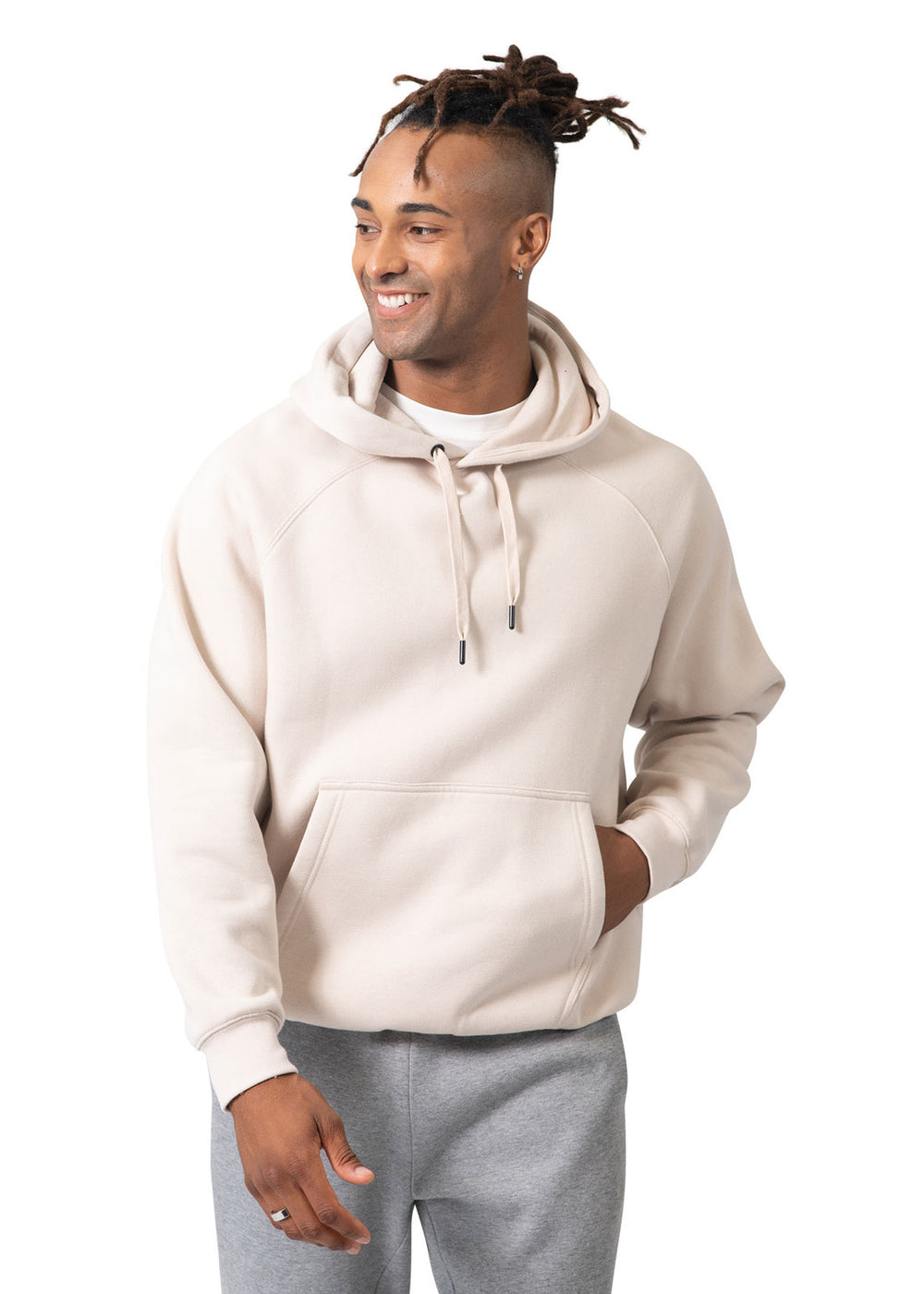 Model wearing the Cotton Care hoodie from the Twill Press range