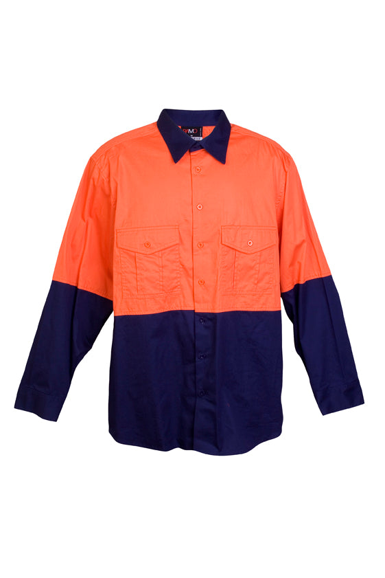 100%  Combed Cotton Drill Long Sleeve Shirts in Orange/Navy
