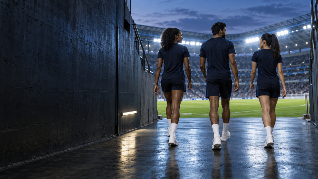 Twill Press teamwear campaign showing athletes in coordinated kits entering a stadium