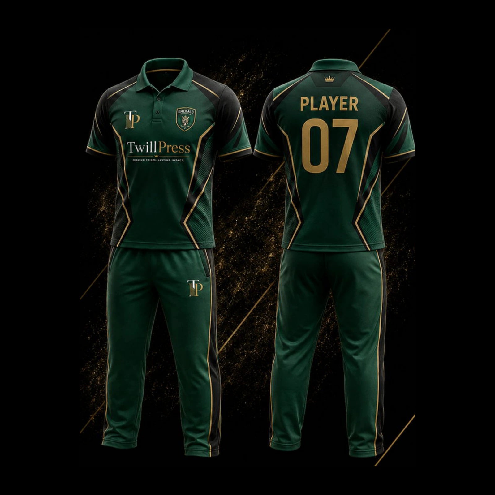Emerald Crest custom cricket design, front and back view