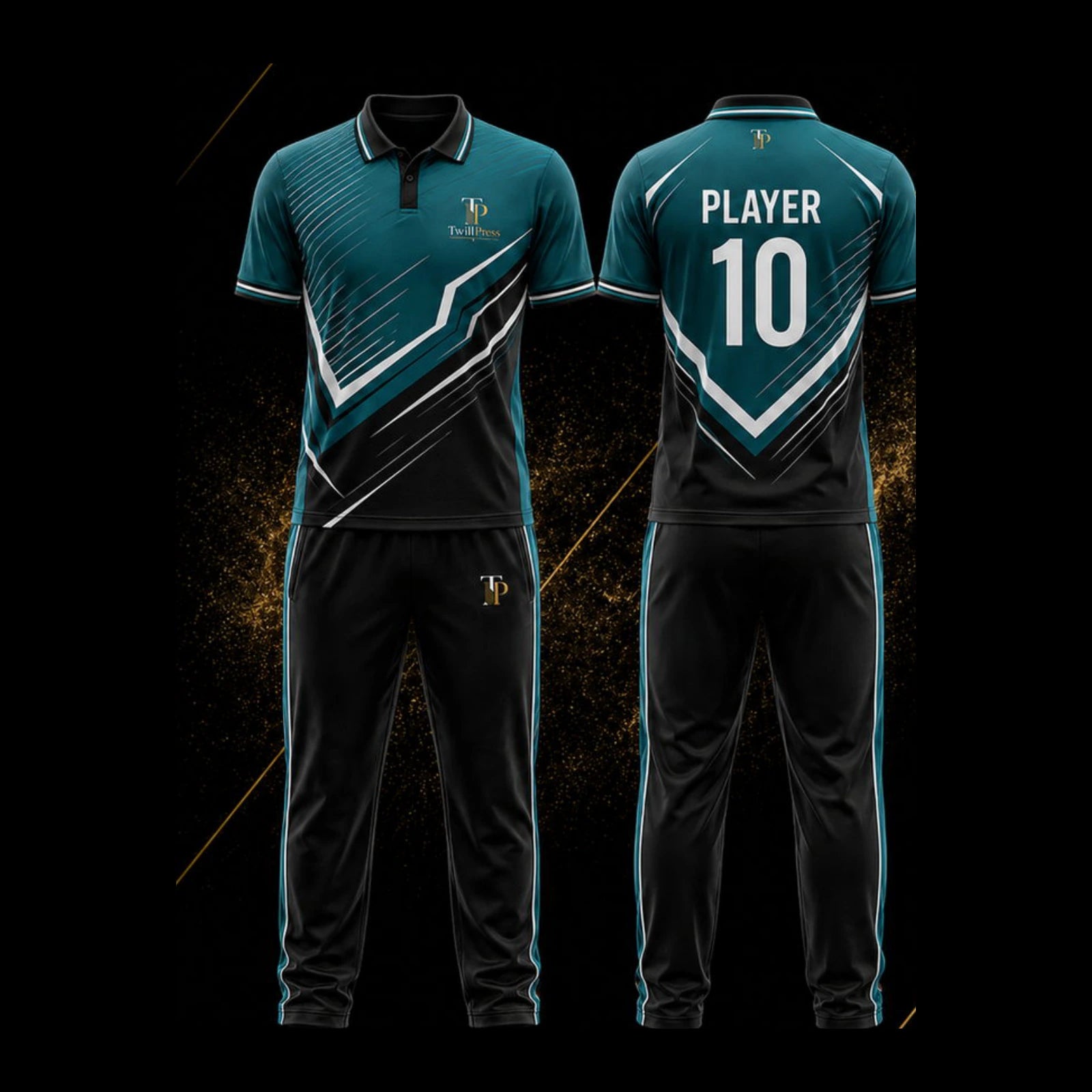 Teal Ascent custom cricket design, front and back view
