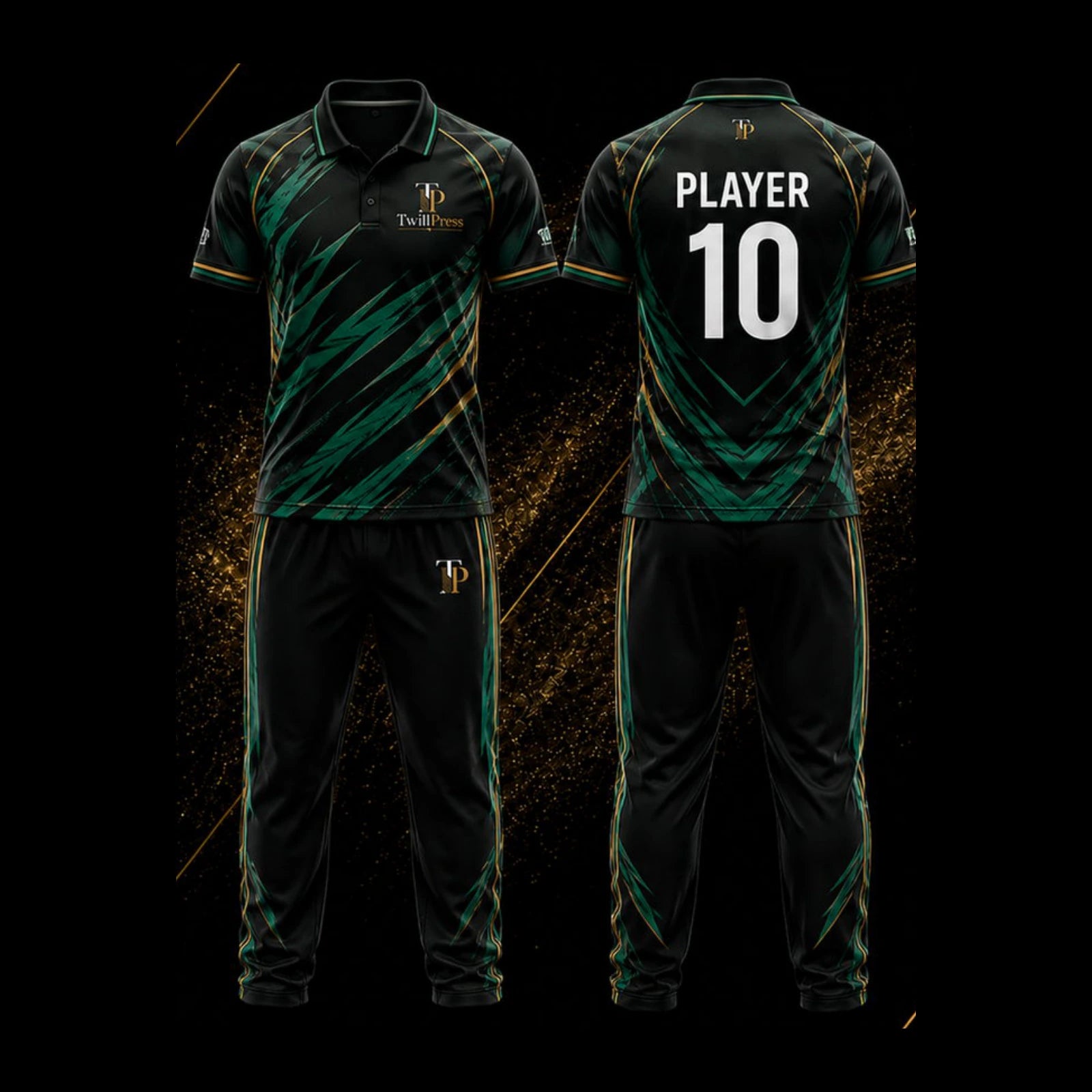 Emerald Strike custom cricket design, front and back view