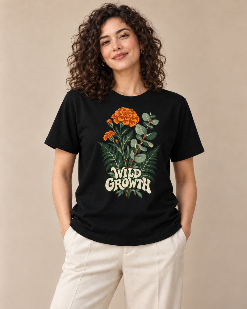 TP-D13 Wild Growth graphic T-shirt on model in Black