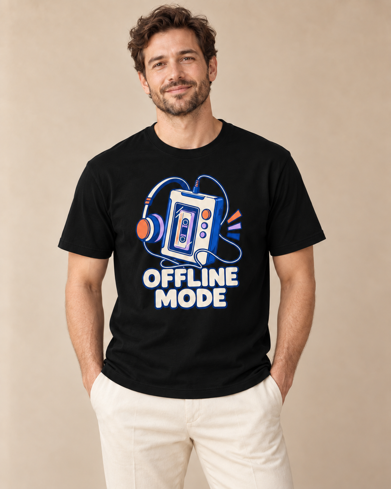 Offline Mode graphic on a Black regular-fit T-shirt, matching model front view