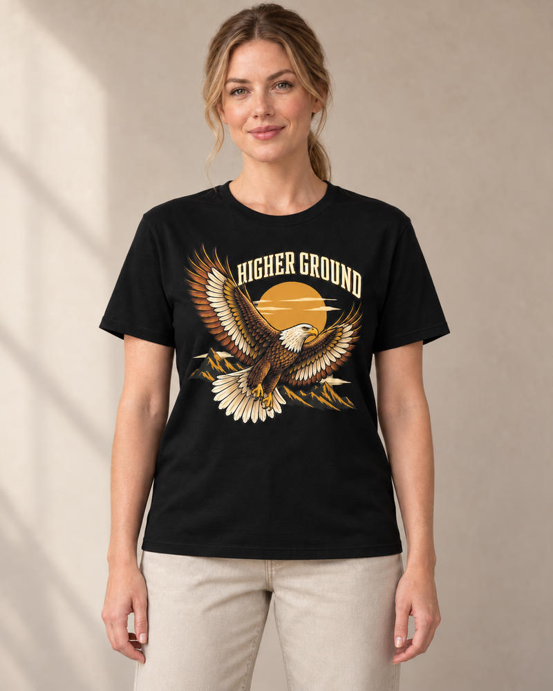 Higher Ground graphic on a Black regular-fit T-shirt, matching model front view