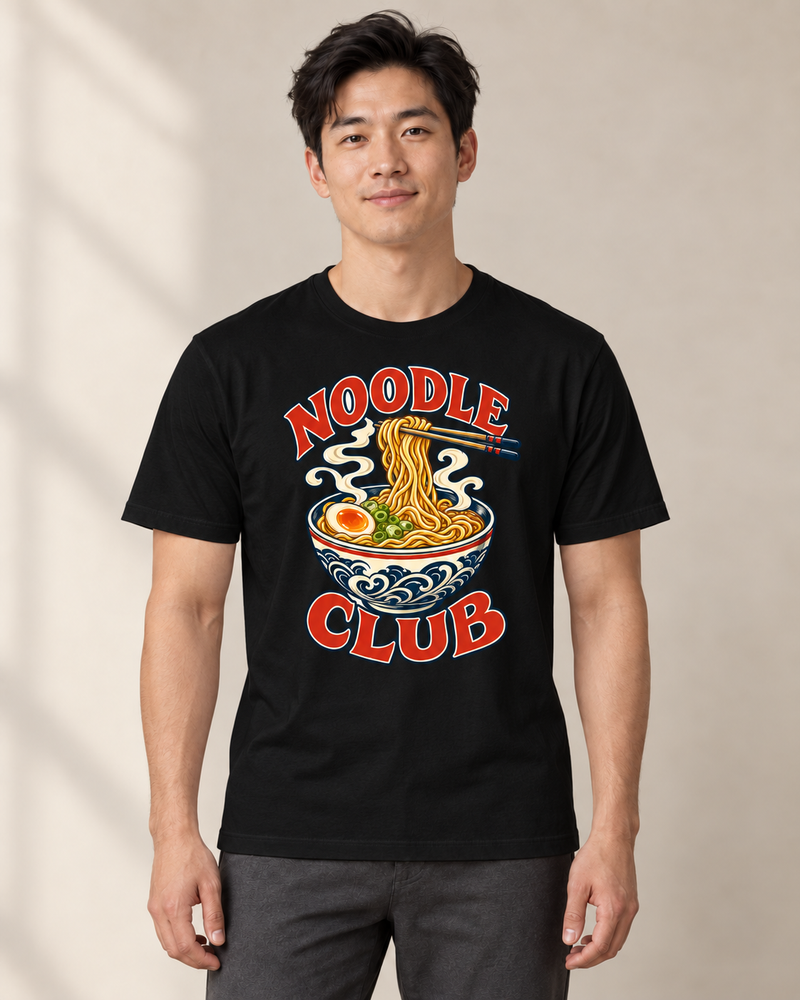 Noodle Club graphic on a Black regular-fit cotton crewneck T-shirt, worn by a model