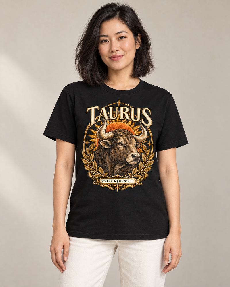 Taurus — Quiet Strength graphic on a Black regular-fit cotton crewneck T-shirt, worn by a model