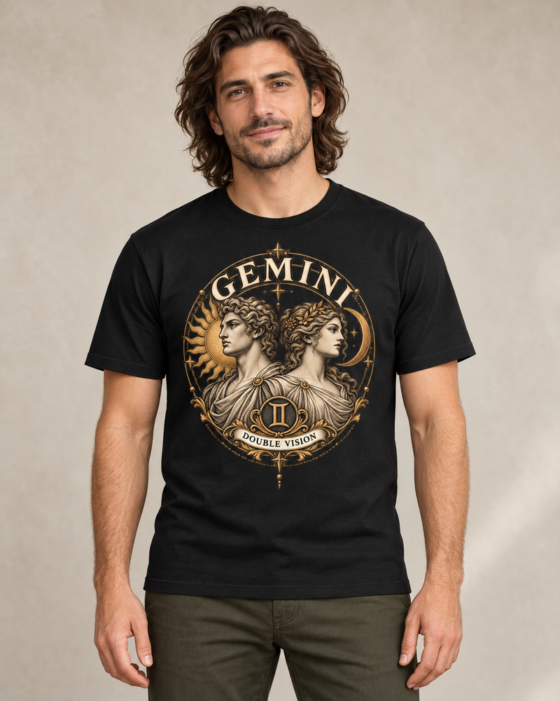 Gemini — Double Vision graphic on a Black regular-fit cotton crewneck T-shirt, worn by a model