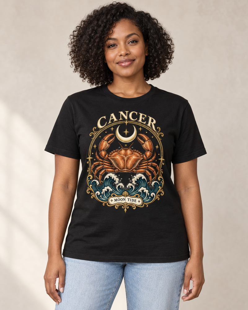 Cancer — Moon Tide graphic on a Black regular-fit cotton crewneck T-shirt, worn by a model