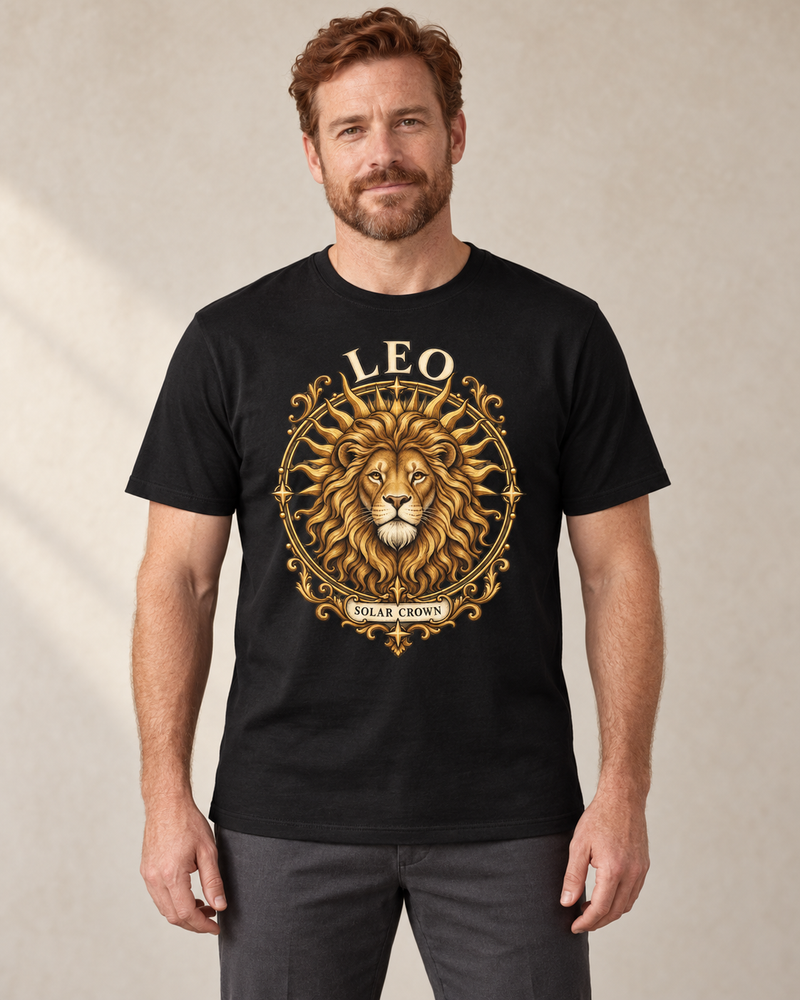 Leo — Solar Crown graphic on a Black regular-fit cotton crewneck T-shirt, worn by a model