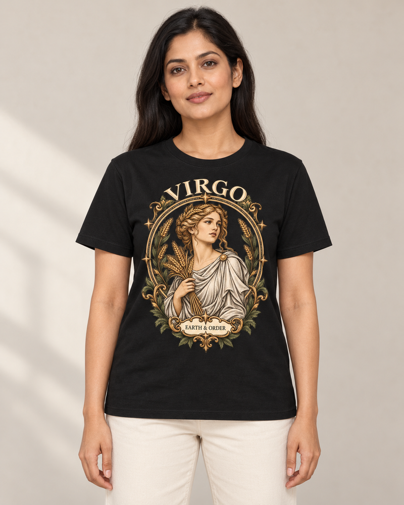 Virgo — Earth & Order graphic on a Black regular-fit cotton crewneck T-shirt, worn by a model