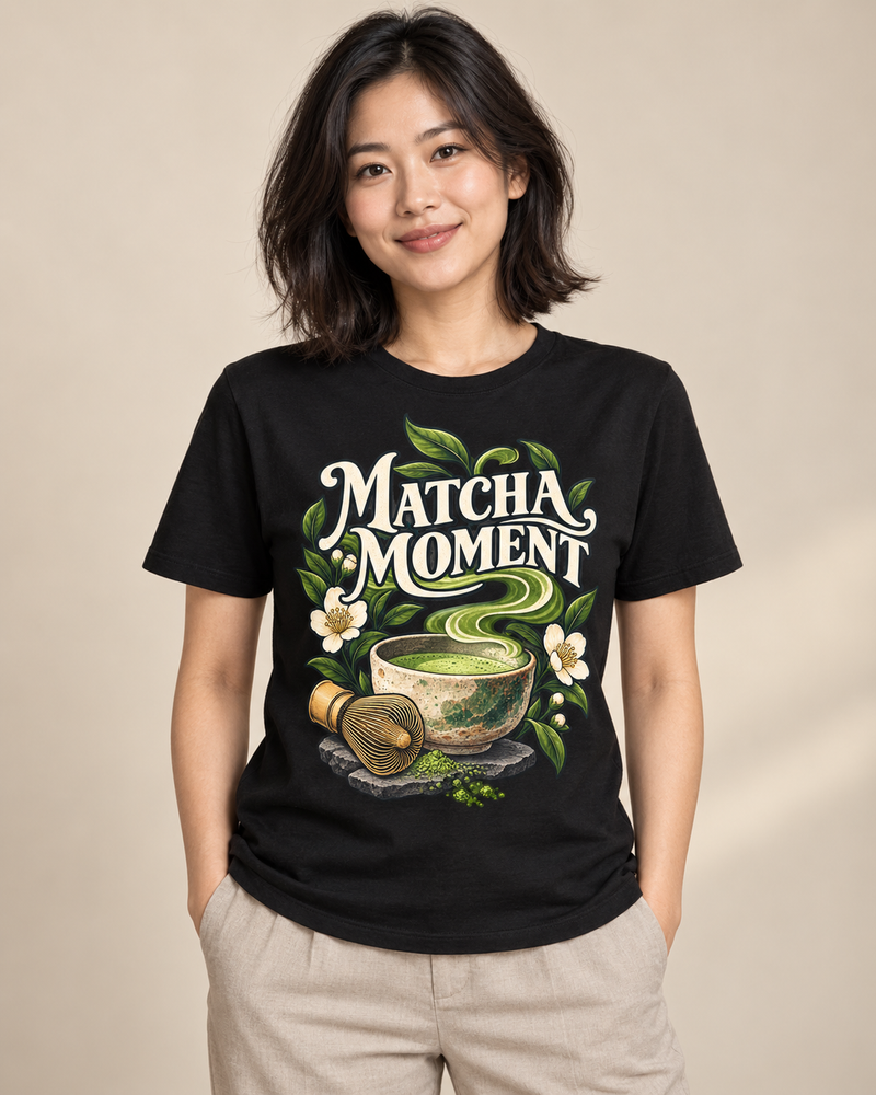 Matcha Moment graphic T-shirt on model in Black