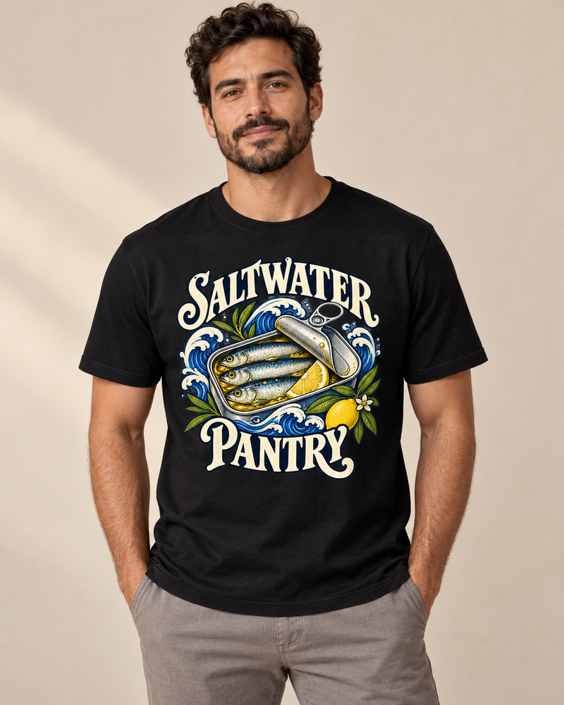 Saltwater Pantry graphic T-shirt on model in Black