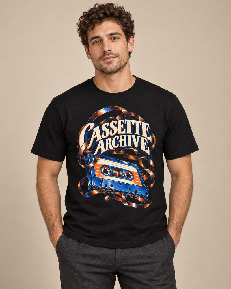 Cassette Archive graphic T-shirt on model in Black