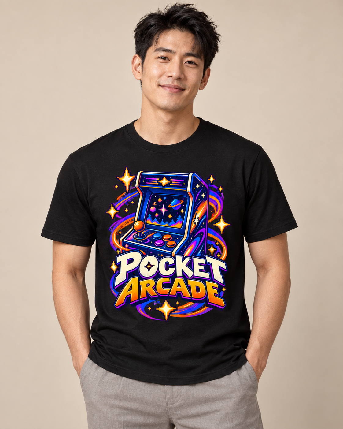 Pocket Arcade graphic T-shirt on model in Black