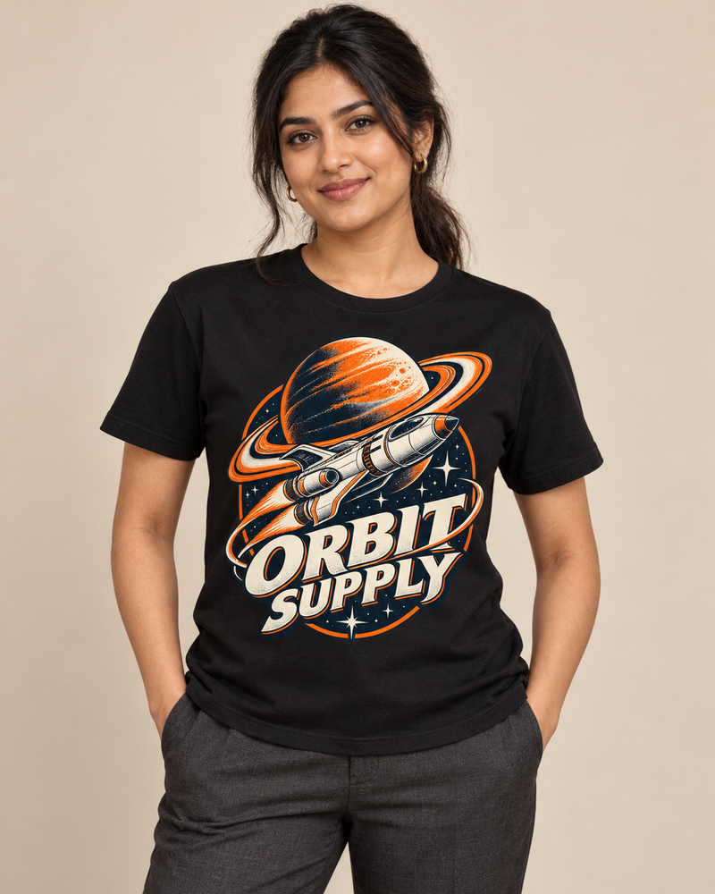 Orbit Supply graphic T-shirt on model in Black