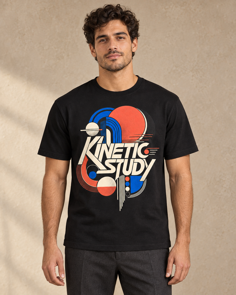 Kinetic Study graphic on a Black regular-fit T-shirt, model front view