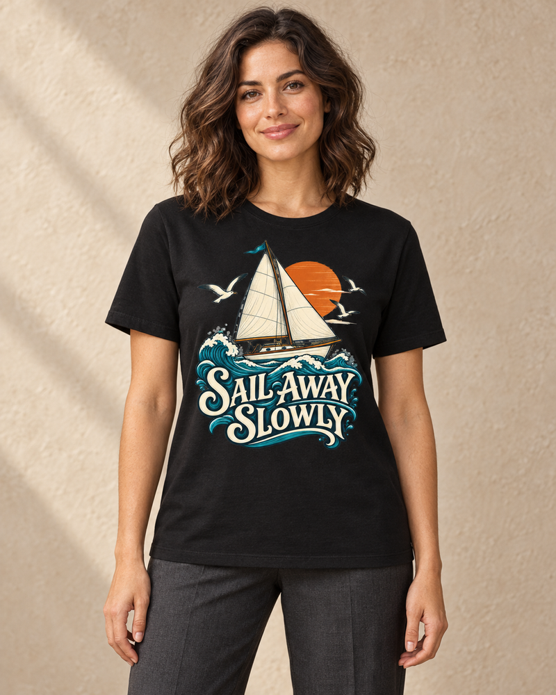Sail Away Slowly graphic on a Black regular-fit T-shirt, model front view