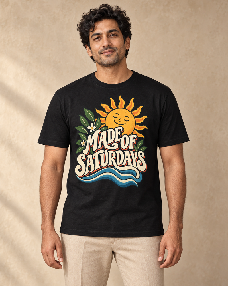 Made of Saturdays graphic on a Black regular-fit T-shirt, model front view
