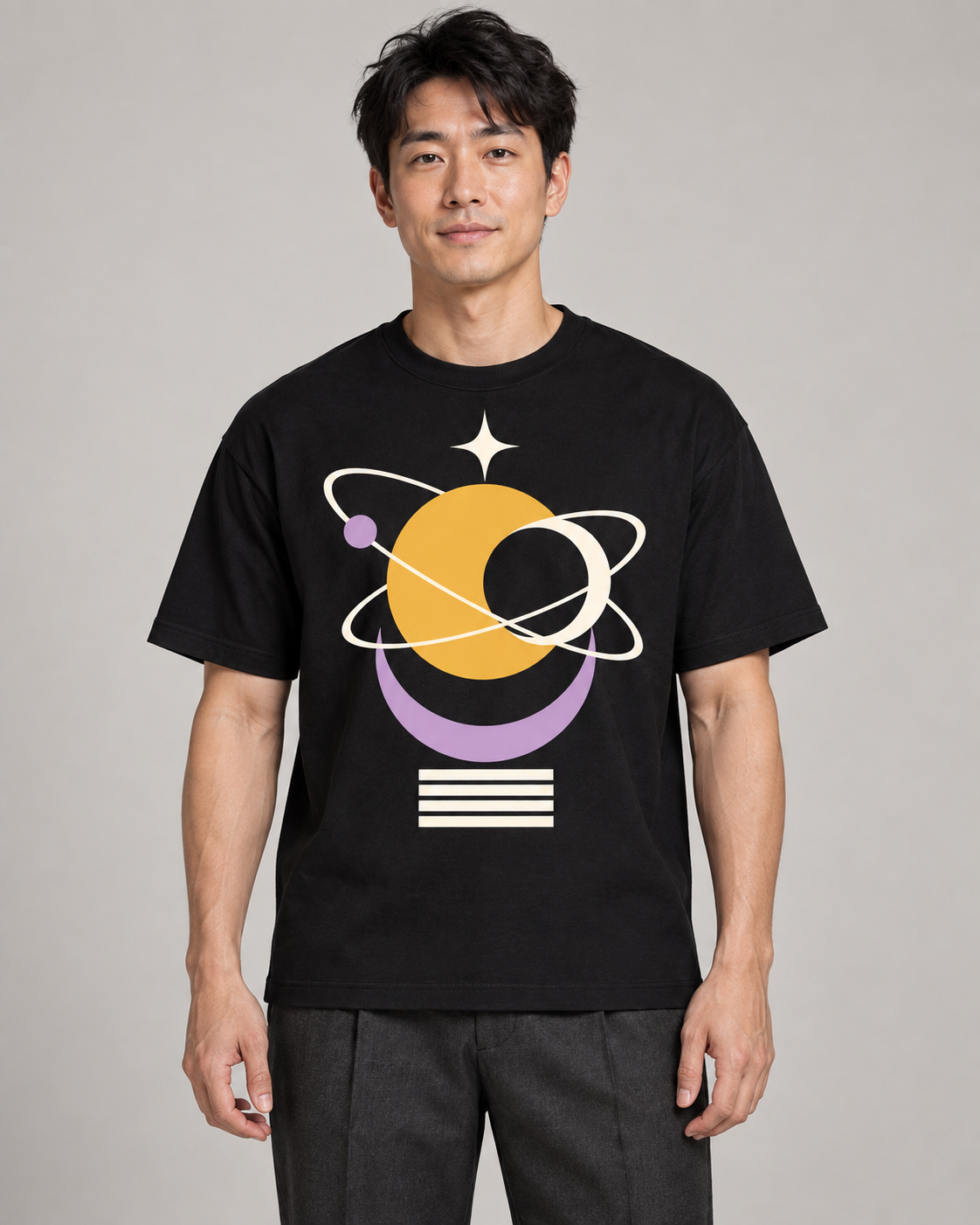 Cosmic Balance Everyday Graphics T-shirt on a model