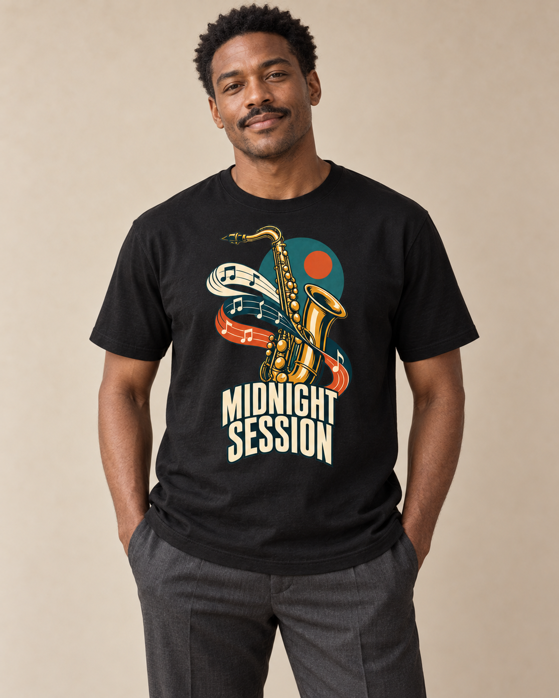 Adult model wearing a black regular fit crew neck T-shirt with the Midnight Session graphic.