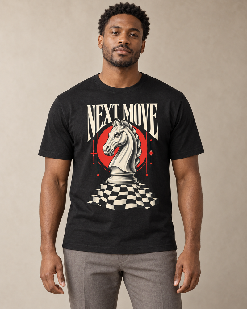 Adult model wearing Next Move on a black regular-fit crew neck T-shirt