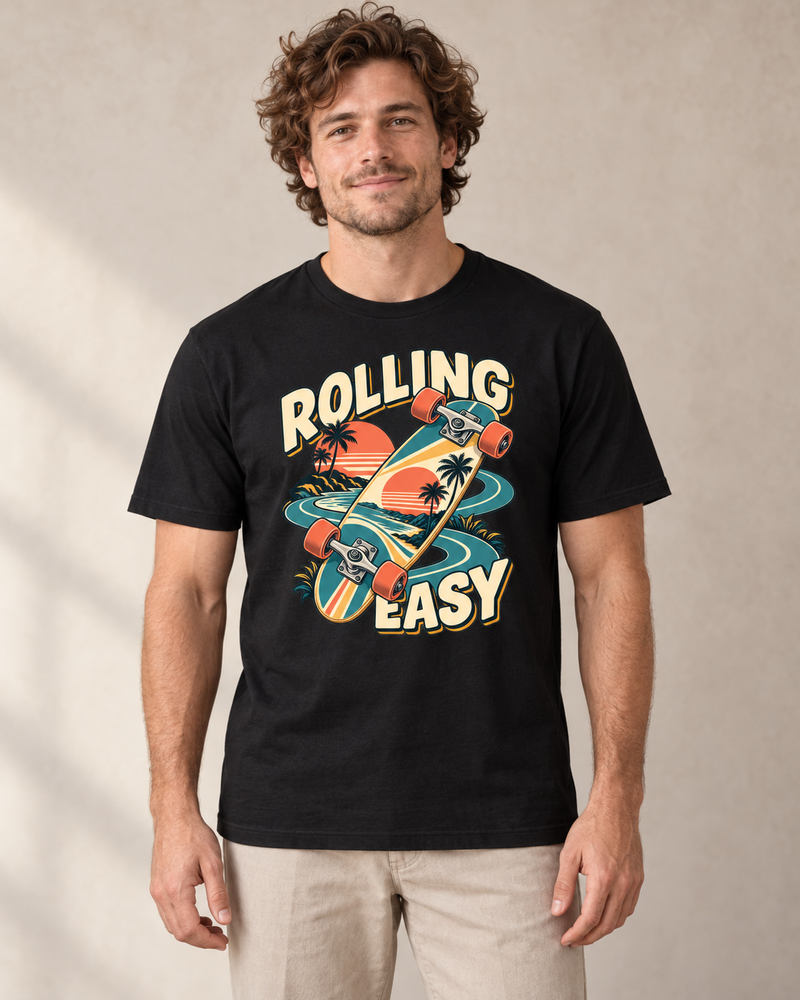 Adult model wearing Rolling Easy on a black regular-fit crew neck T-shirt