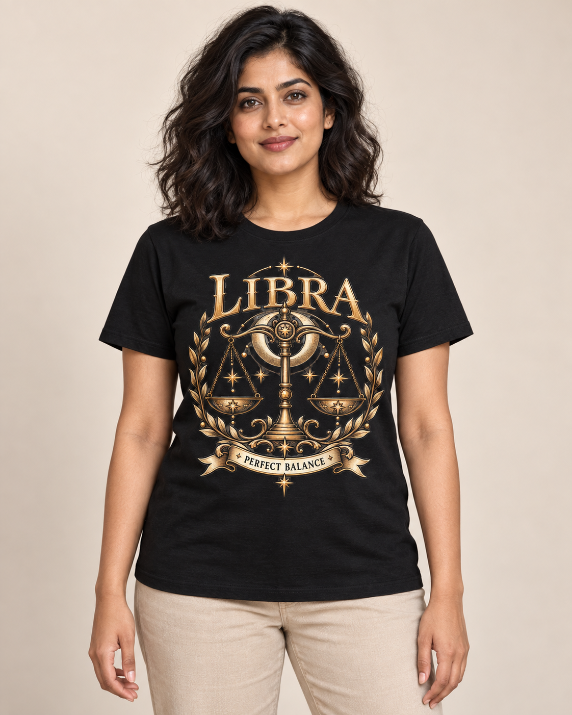 Libra — Perfect Balance graphic on a Black regular-fit T-shirt worn by an adult model