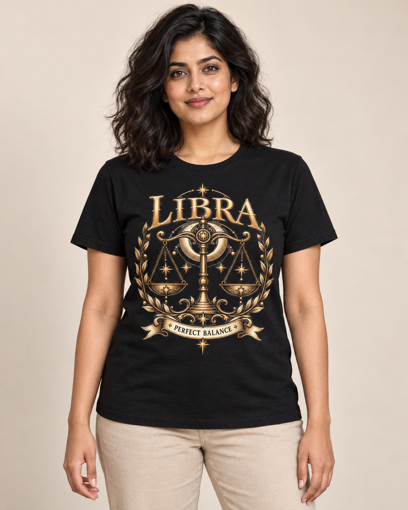 Libra — Perfect Balance graphic on a Black regular-fit T-shirt worn by an adult model